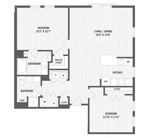 Floor plan for 2 beds, 2 baths, 1094 sqft